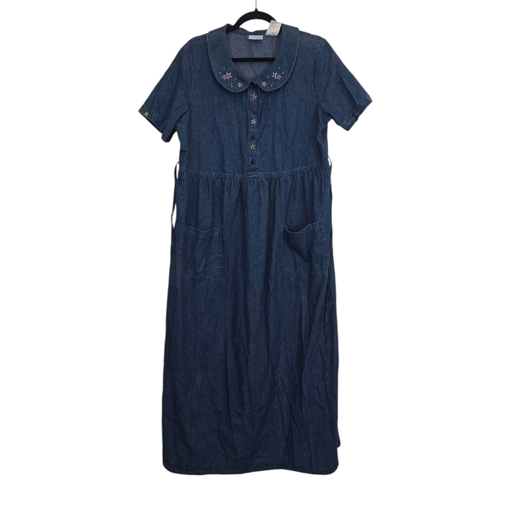 Bobbi Brooks Large 100% Cotton Denim Embroidered Flower Bee Maxi Dress Vintage
